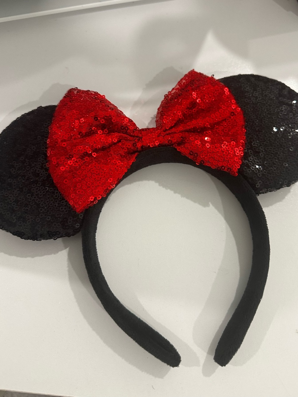 Sequin Minnie Mouse Style Headband with Red Bow
